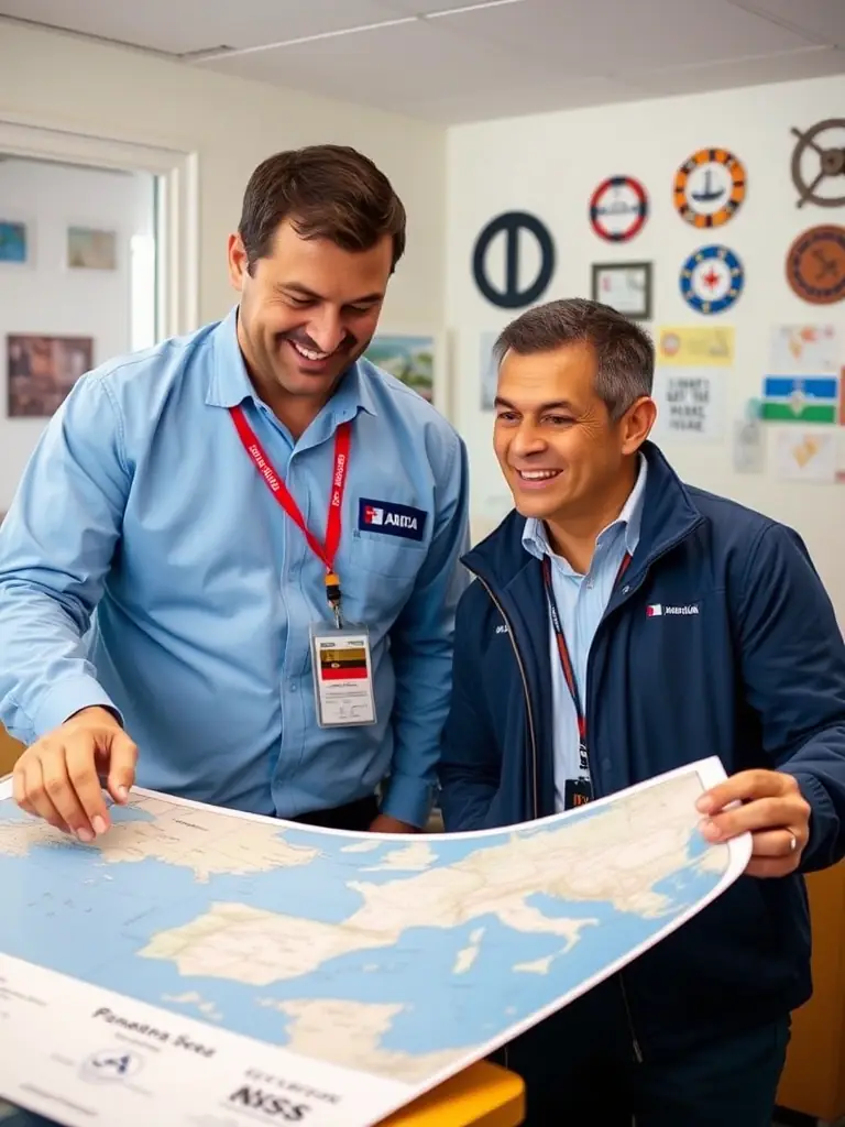 A friendly Panamanian consular officer in Barcelona is advising a seafarer, pointing at a map of the Mediterranean Sea, highlighting key shipping routes and regulations.