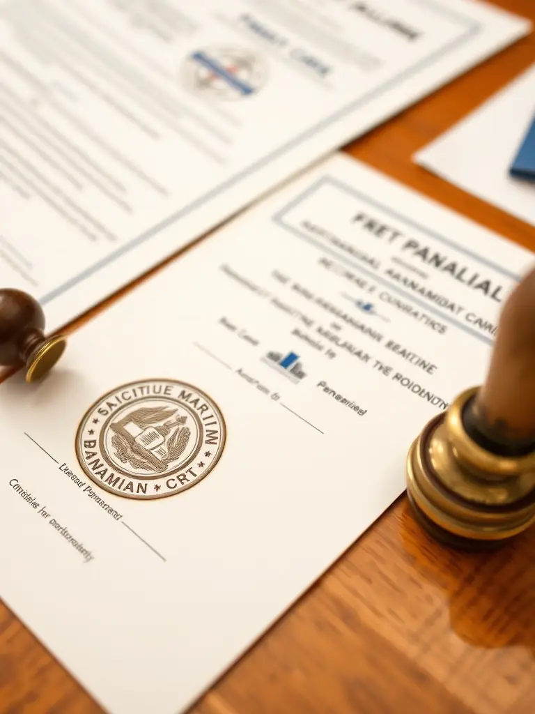 A close-up shot of official Panamanian maritime documents being stamped with a consulate seal, emphasizing the authenticity and legal validity of the paperwork.